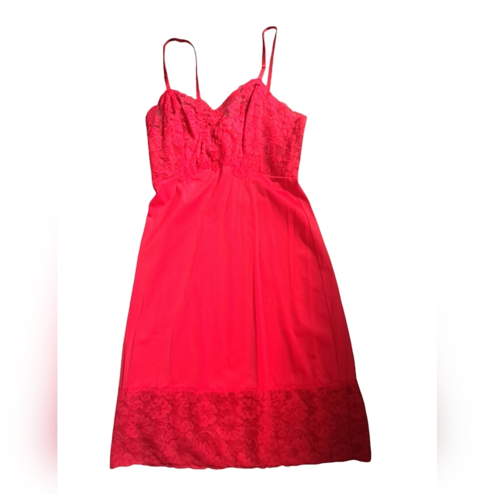 VTG VAN RAALTE bright RED Nylon slip lace trim Hollywood Glam pin up Valentines